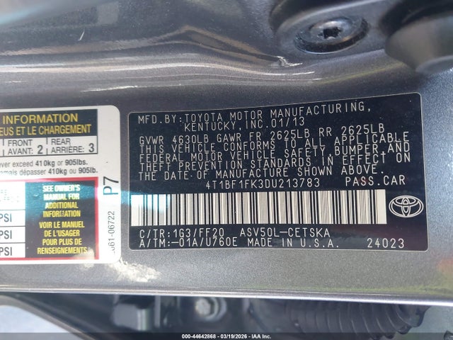 Aukcja sprzedaży 2013 Toyota Camry Se, vin: 4T1BF1FK3DU213783, numer aukcji: 44642868
