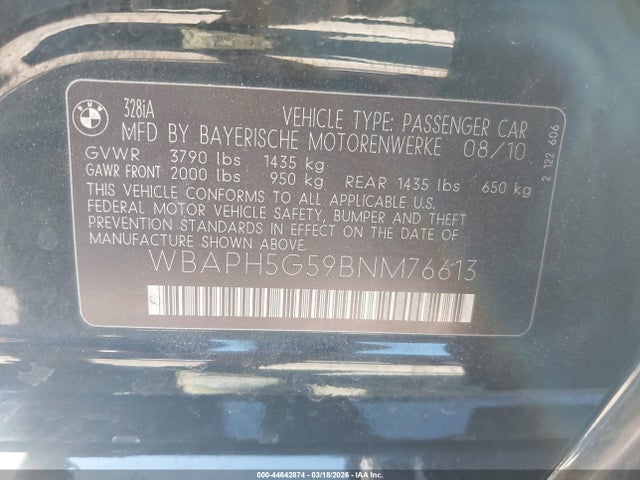 2011 Bmw 328i მანქანა იყიდება აუქციონზე, vin: WBAPH5G59BNM76613, აუქციონის ნომერი: 44642874