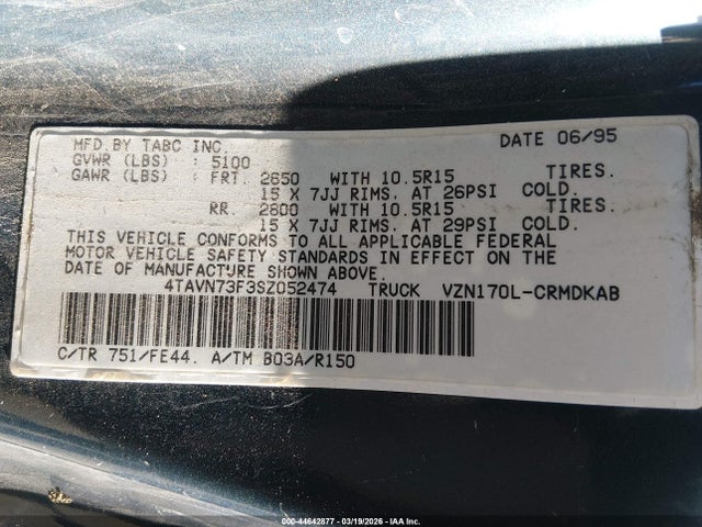 44642877 :رقم المزاد ، 4TAVN73F3SZ052474 vin ، 1995 Toyota Tacoma Xtracab مزاد بيع