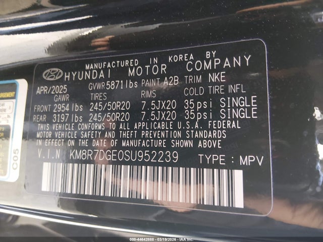 44642888 :رقم المزاد ، KM8R7DGE0SU952239 vin ، 2025 Hyundai Palisade Calligraphy Night Edition مزاد بيع