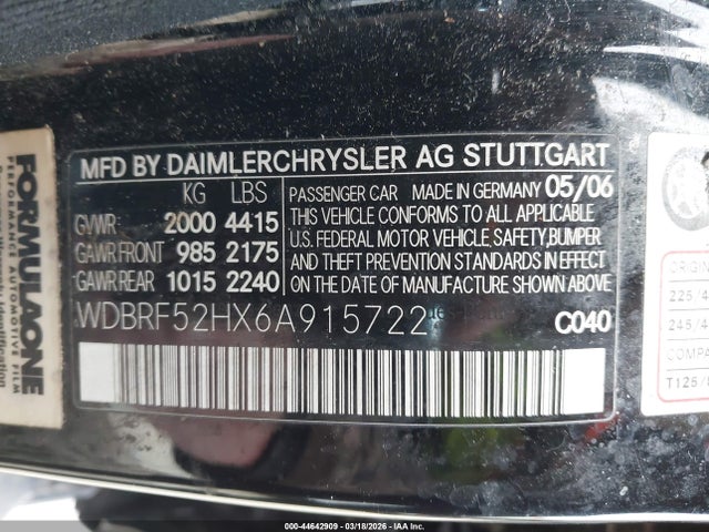 Aukcja sprzedaży 2006 Mercedes-benz C 230 Sport, vin: WDBRF52HX6A915722, numer aukcji: 44642909