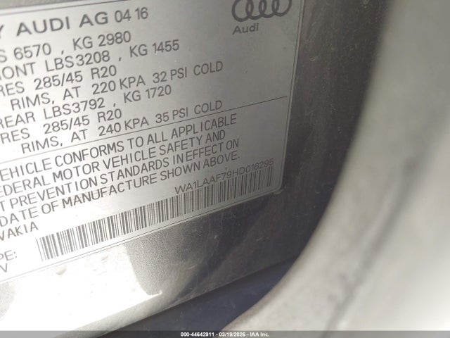 Продаж на аукціоні авто 2017 Audi Q7 3.0t Premium, vin: WA1LAAF79HD016295, номер лоту: 44642911