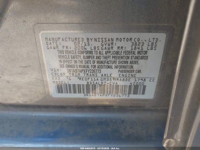 3N1AB7APXFY236773 Nissan Sentra Fe+ S/s/sl/sr/sv
