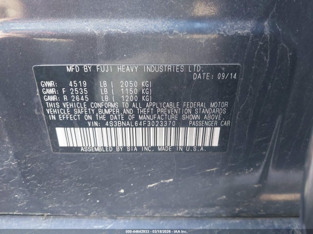 Продаж на аукціоні авто 2015 Subaru Legacy 2.5i Limited, vin: 4S3BNAL64F3023370, номер лоту: 44642933