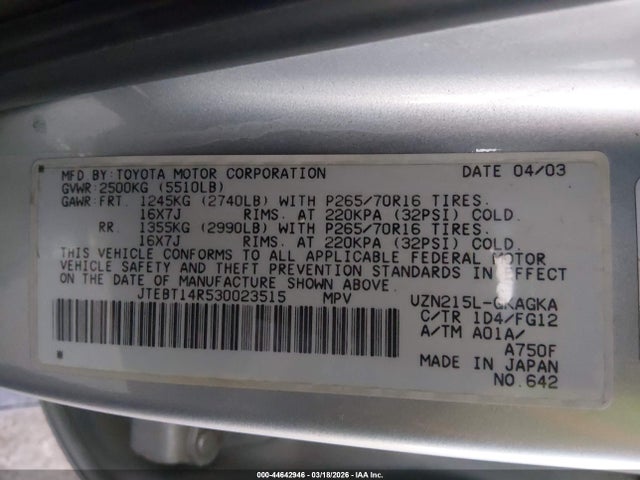 Aukcja sprzedaży 2003 Toyota 4runner Sr5 V8, vin: JTEBT14R530023515, numer aukcji: 44642946