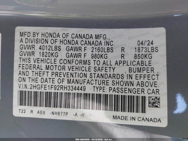 2HGFE1F92RH334449 Honda Civic Touring