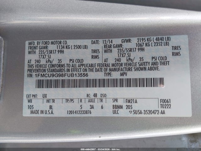 Продажа на аукционе авто 2015 Ford Escape Se, vin: 1FMCU9G98FUB13556, номер лота: 44642957