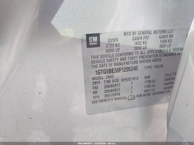 44642972 :رقم المزاد ، 1GTG6BE38F1206245 vin ، 2015 Gmc Canyon Sle مزاد بيع