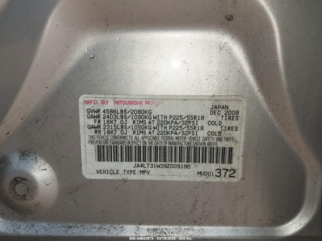 Aukcja sprzedaży 2009 Mitsubishi Outlander Se, vin: JA4LT31W39Z009190, numer aukcji: 44642978