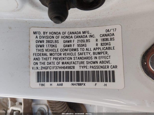 2017 Honda Civic Ex-t მანქანა იყიდება აუქციონზე, vin: 2HGFC1F37HH649828, აუქციონის ნომერი: 44643014