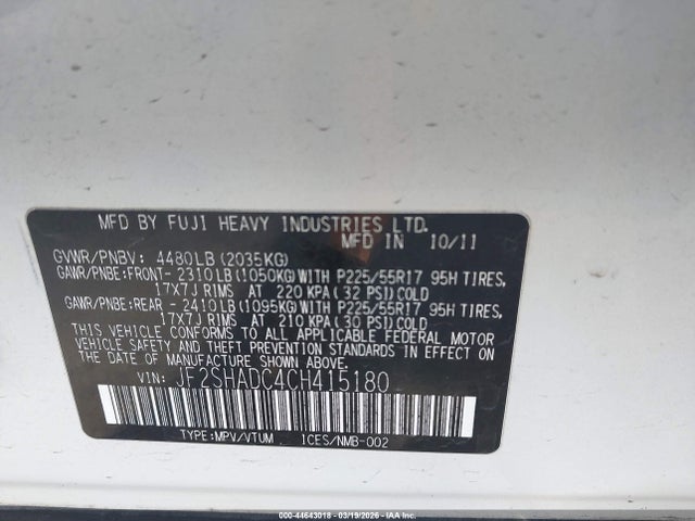 Aukcja sprzedaży 2012 Subaru Forester 2.5x Premium, vin: JF2SHADC4CH415180, numer aukcji: 44643018