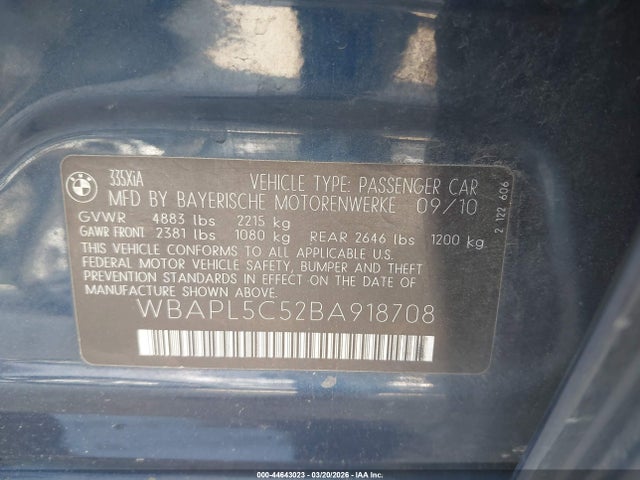 2011 Bmw 335i Xdrive მანქანა იყიდება აუქციონზე, vin: WBAPL5C52BA918708, აუქციონის ნომერი: 44643023