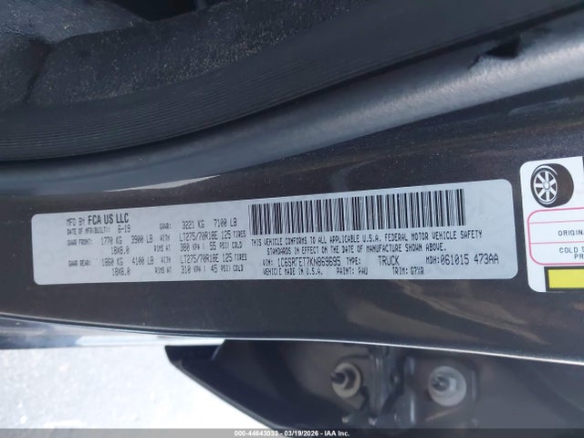 44643033 :رقم المزاد ، 1C6SRFET7KN869695 vin ، 2019 Ram 1500 Rebel  4x4 6'4 Box مزاد بيع
