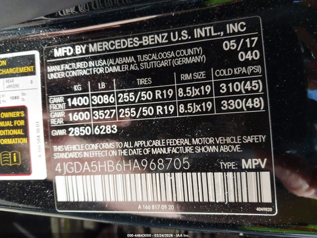 44643050 :رقم المزاد ، 4JGDA5HB6HA968705 vin ، 2017 Mercedes-benz Gle 350 4matic مزاد بيع