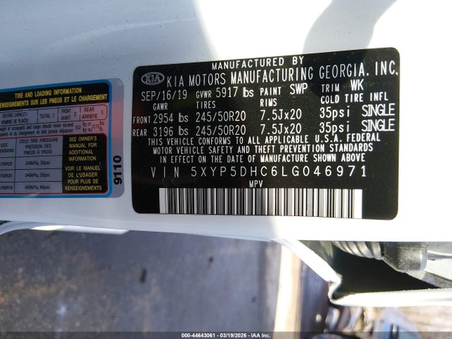 2020 Kia Telluride Sx მანქანა იყიდება აუქციონზე, vin: 5XYP5DHC6LG046971, აუქციონის ნომერი: 44643061