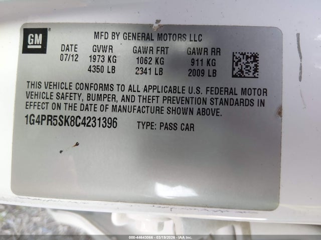 Продажа на аукционе авто 2012 Buick Verano Convenience Group, vin: 1G4PR5SK8C4231396, номер лота: 44643066