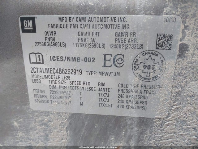 44643067 :رقم المزاد ، 2CTALMEC4B6252919 vin ، 2011 Gmc Terrain Sle-1 مزاد بيع