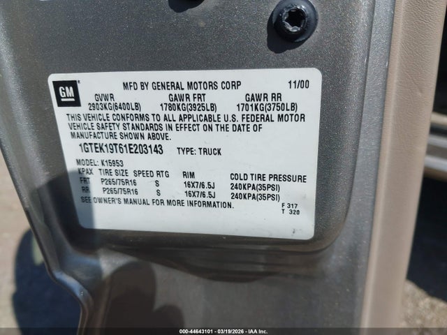Aukcja sprzedaży 2001 Gmc Sierra 1500 Sle, vin: 1GTEK19T61E203143, numer aukcji: 44643101
