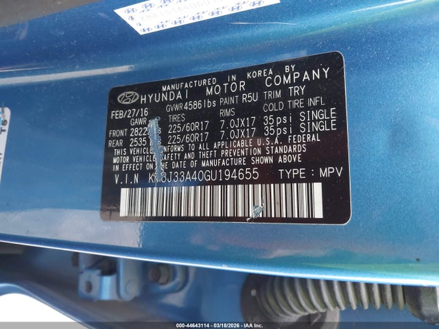 Продаж на аукціоні авто 2016 Hyundai Tucson Se, vin: KM8J33A40GU194655, номер лоту: 44643114