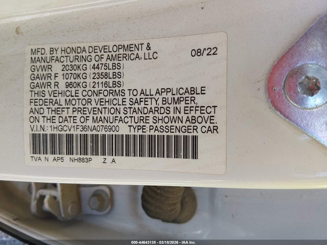 Aukcja sprzedaży 2022 Honda Accord Sport, vin: 1HGCV1F36NA076900, numer aukcji: 44643135