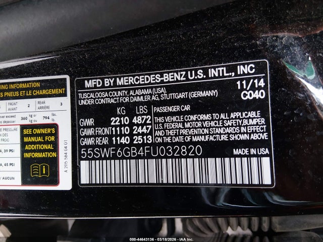 Продаж на аукціоні авто 2015 Mercedes-benz C 400 4matic, vin: 55SWF6GB4FU032820, номер лоту: 44643136