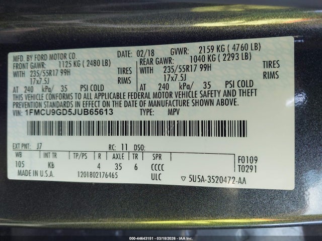 Ford ESCAPE SE 2018 1FMCU9GD5JUB65613 Image 9