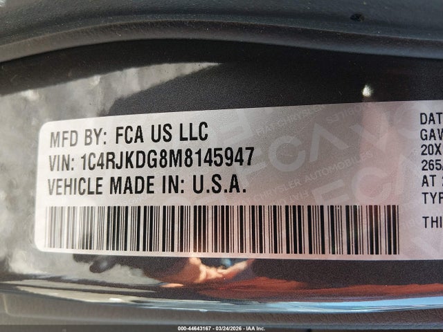 Aukcja sprzedaży 2021 Jeep Grand Cherokee L Overland 4x4, vin: 1C4RJKDG8M8145947, numer aukcji: 44643167