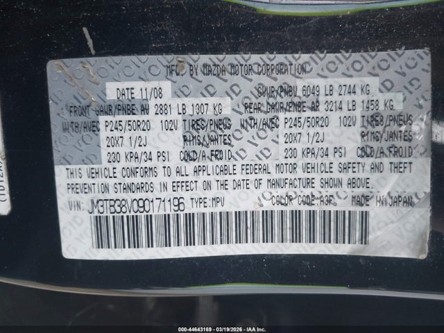 Aukcja sprzedaży 2009 Mazda Cx-9 Grand Touring, vin: JM3TB38V090171196, numer aukcji: 44643169
