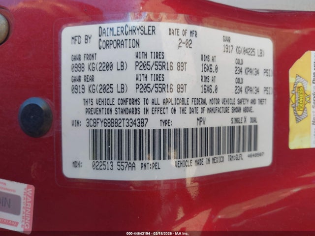 Aukcja sprzedaży 2002 Chrysler Pt Cruiser Limited, vin: 3C8FY68B82T334387, numer aukcji: 44643194