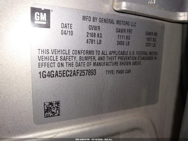 44643196 :رقم المزاد ، 1G4GA5EC2AF257893 vin ، 2010 Buick Lacrosse Cx 4 Cyl. مزاد بيع