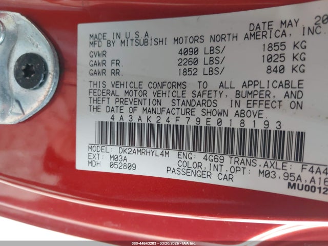 Продаж на аукціоні авто 2009 Mitsubishi Eclipse Gs, vin: 4A3AK24F79E018193, номер лоту: 44643203
