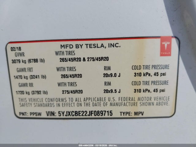 Aukcja sprzedaży 2018 Tesla Model X 100d/75d/p100d, vin: 5YJXCBE22JF089715, numer aukcji: 44643206
