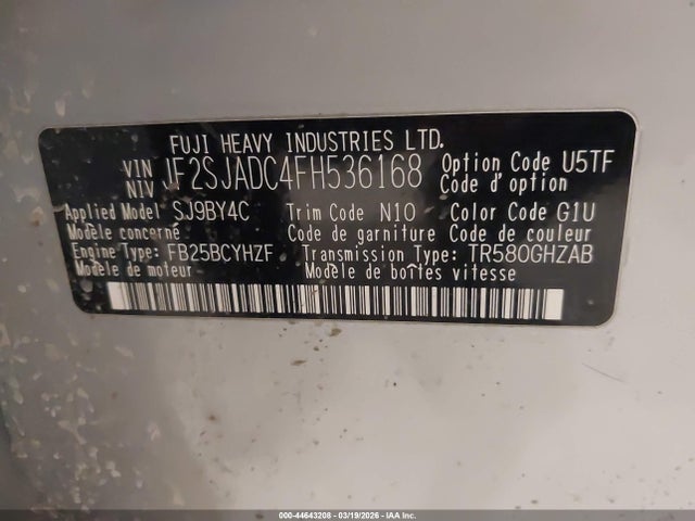 2015 Subaru Forester 2.5i Premium მანქანა იყიდება აუქციონზე, vin: JF2SJADC4FH536168, აუქციონის ნომერი: 44643208