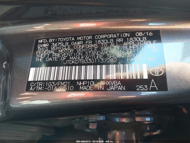 Toyota Prius C Two 2016 JTDKDTB33G1137282 Image 9