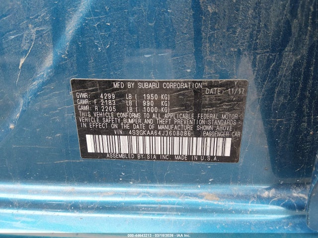 Aukcja sprzedaży 2018 Subaru Impreza 2.0i, vin: 4S3GKAA64J3608086, numer aukcji: 44643213