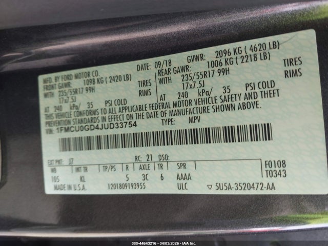 Продаж на аукціоні авто 2018 Ford Escape Se, vin: 1FMCU0GD4JUD33754, номер лоту: 44643216