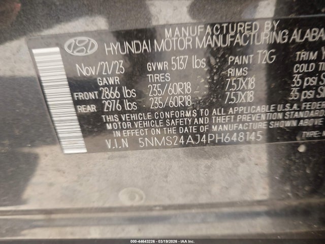 Продаж на аукціоні авто 2023 Hyundai Santa Fe Sel, vin: 5NMS24AJ4PH648145, номер лоту: 44643226