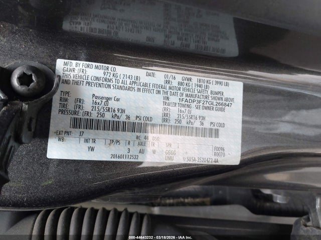 Продажа на аукционе авто 2016 Ford Focus Se, vin: 1FADP3F27GL266847, номер лота: 44643232
