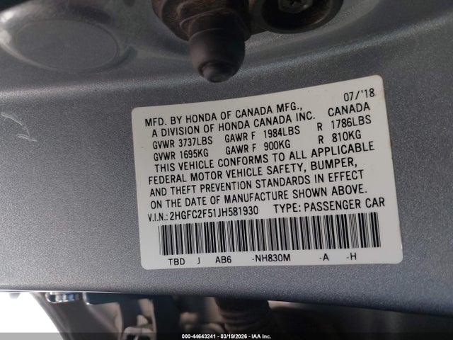 2018 Honda Civic Lx მანქანა იყიდება აუქციონზე, vin: 2HGFC2F51JH581930, აუქციონის ნომერი: 44643241