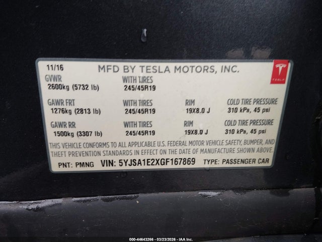 Aukcja sprzedaży 2016 Tesla Model S 60d/70d/75d/85d/90d, vin: 5YJSA1E2XGF167869, numer aukcji: 44643266