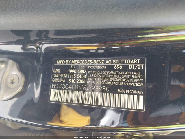 44643276 :رقم المزاد ، W1K3G4EB6MJ299980 vin ، 2021 Mercedes-benz A 220 مزاد بيع