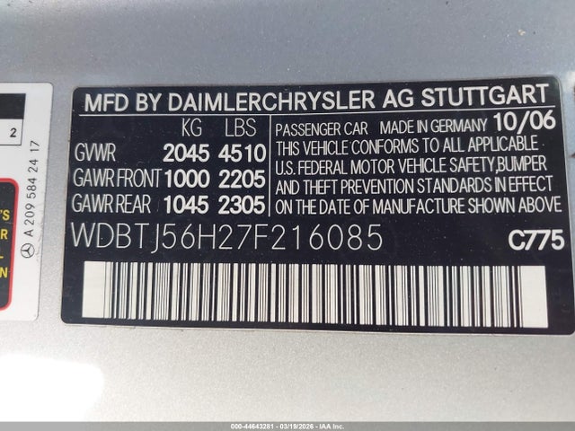 44643281 :رقم المزاد ، WDBTJ56H27F216085 vin ، 2007 Mercedes-benz Clk 350 مزاد بيع
