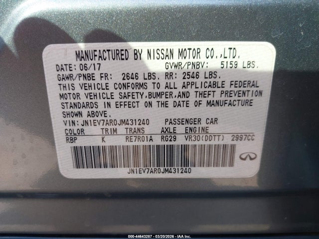 Aukcja sprzedaży 2018 Infiniti Q50 3.0t Luxe, vin: JN1EV7AR0JM431240, numer aukcji: 44643287