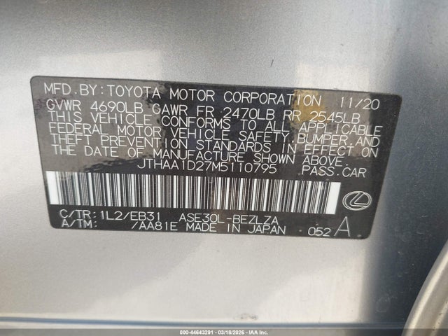 Aukcja sprzedaży 2021 Lexus Is 300, vin: JTHAA1D27M5110795, numer aukcji: 44643291