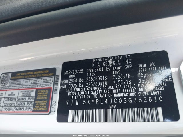 2025 Kia Sorento S მანქანა იყიდება აუქციონზე, vin: 5XYRL4JC0SG382610, აუქციონის ნომერი: 44643309