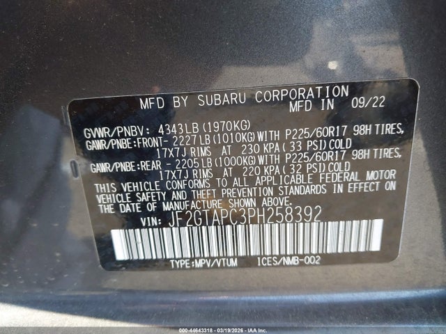 2023 Subaru Crosstrek Premium მანქანა იყიდება აუქციონზე, vin: JF2GTAPC3PH258392, აუქციონის ნომერი: 44643318