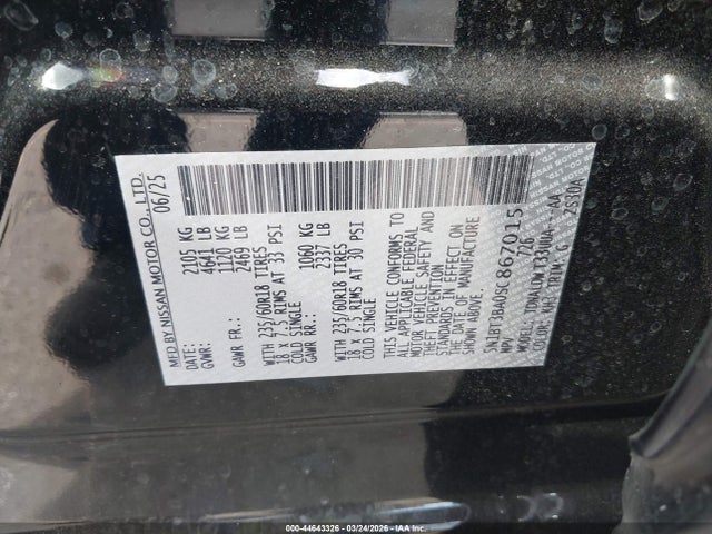 44643326 :رقم المزاد ، 5N1BT3BA0SC867015 vin ، 2025 Nissan Rogue Sv Fwd مزاد بيع