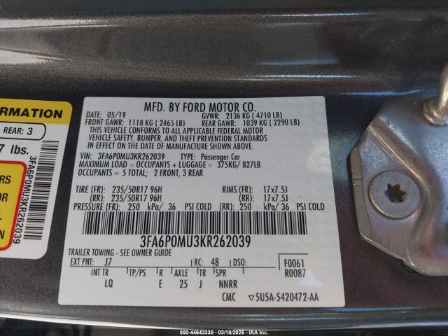 Ford Fusion Hybrid Sel 2019 3FA6P0MU3KR262039 Image 9