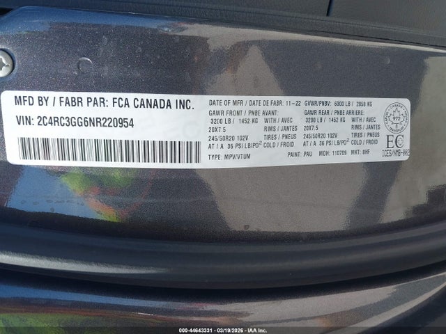 Продажа на аукционе авто 2022 Chrysler Pacifica Limited Awd, vin: 2C4RC3GG6NR220954, номер лота: 44643331