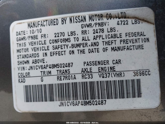 44643332 :رقم المزاد ، JN1CV6AP4BM502487 vin ، 2011 Infiniti G37 Journey مزاد بيع